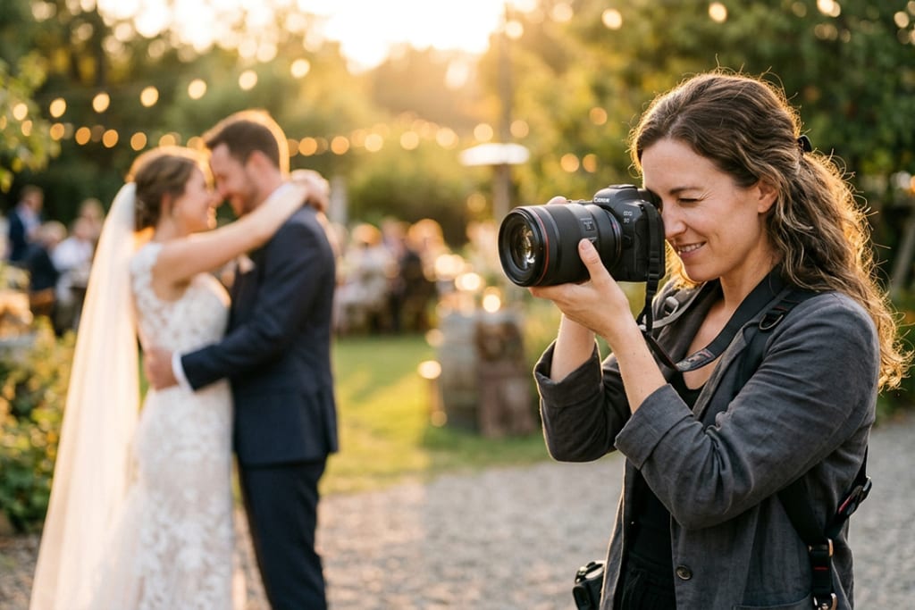 Reportage matrimonio ottiche fisse: fotografo che impugna una fotocamera professionale con obiettivo a focale fissa, coppia sposi sfocata sullo sfondo.